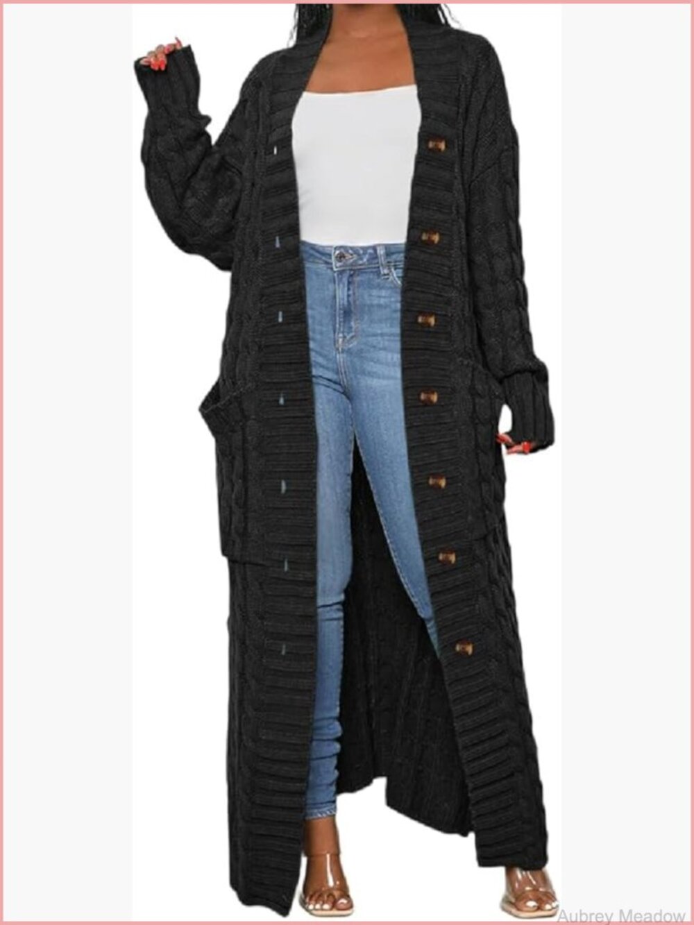 Cable Knit Chunky Cardigan with Pockets, Floor Length Maxi Sweater